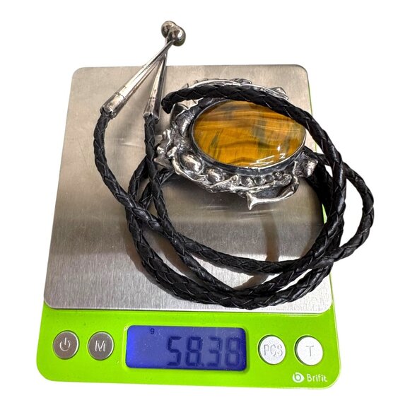 Large Artisan Crafted Tigers Eye Sterling Silver Bolo Tie Southwestern Signed 76 - Picture 7 of 8